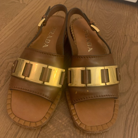 Prada Sandals in Brown Leather with Gold Hardware Detailing, Size 8 - Picture 4 of 7